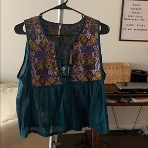 Free people blue tank with embroidery